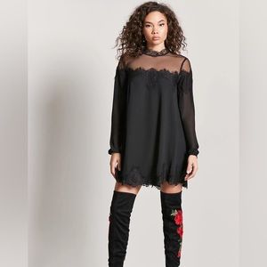 FOREVER 21 CONTEMPORARY Black Sheer Lace Hem Mock Collar Long Sleeve Dress